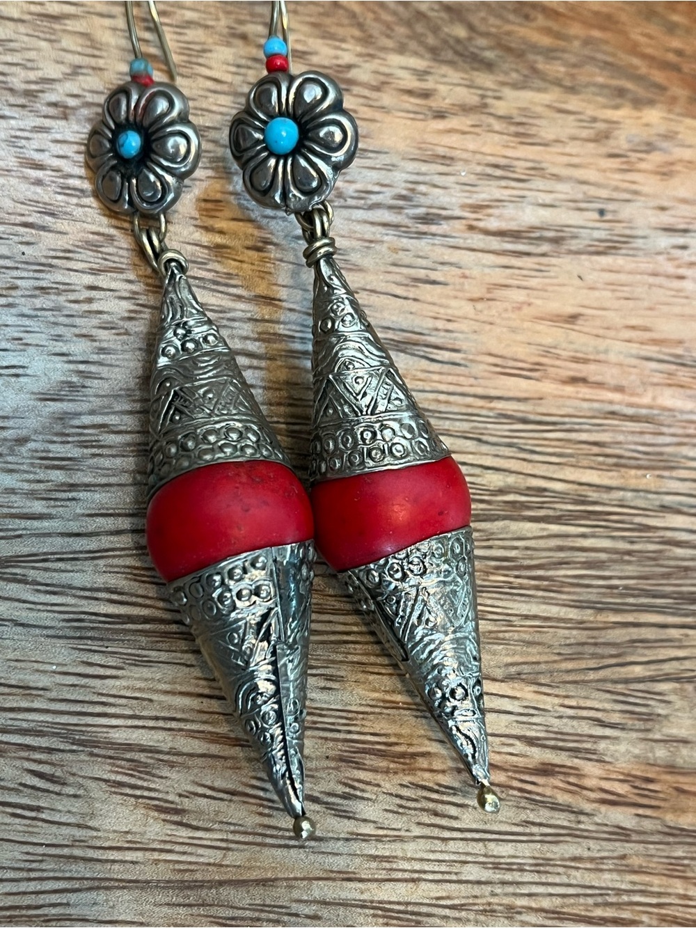 Handcrafted Silver-Tone Afghan Kuchi Tribal Boho Drop Earrings with Red Bead